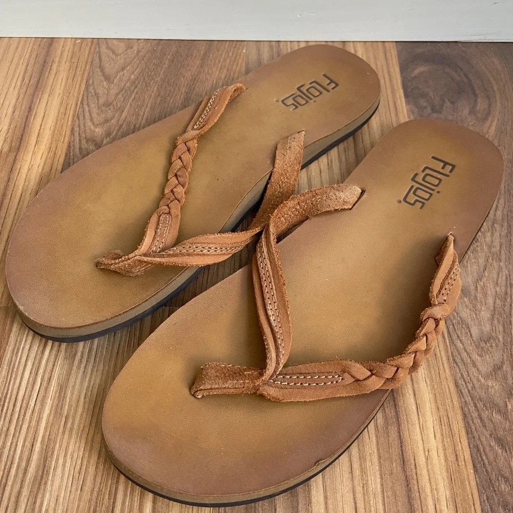 Flojos Boho Braided Leather Strap Flip Flop Sandals Thongs